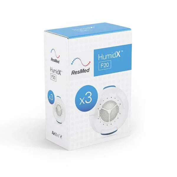ResMed HumidX F20 CPAP humidifier filters 3-pack box for sleep apnea therapy