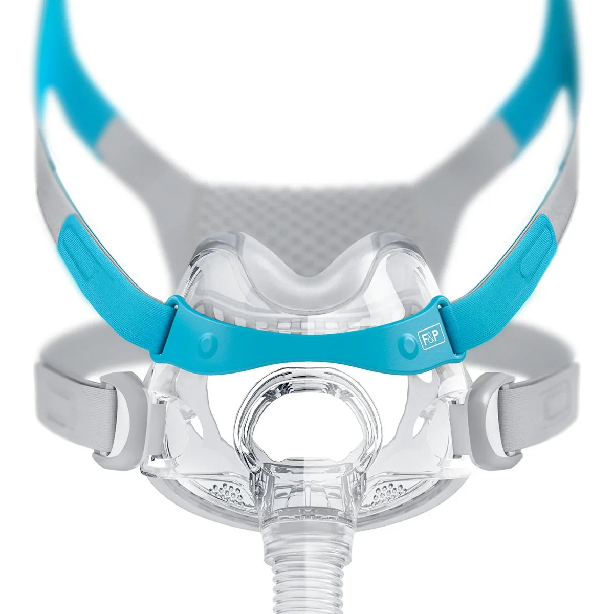 Closeup of full face CPAP mask with clear cushion, blue headgear, and adjustable straps