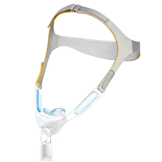 Nasal CPAP mask with adjustable headgear and soft silicone cushions for sleep apnea therapy