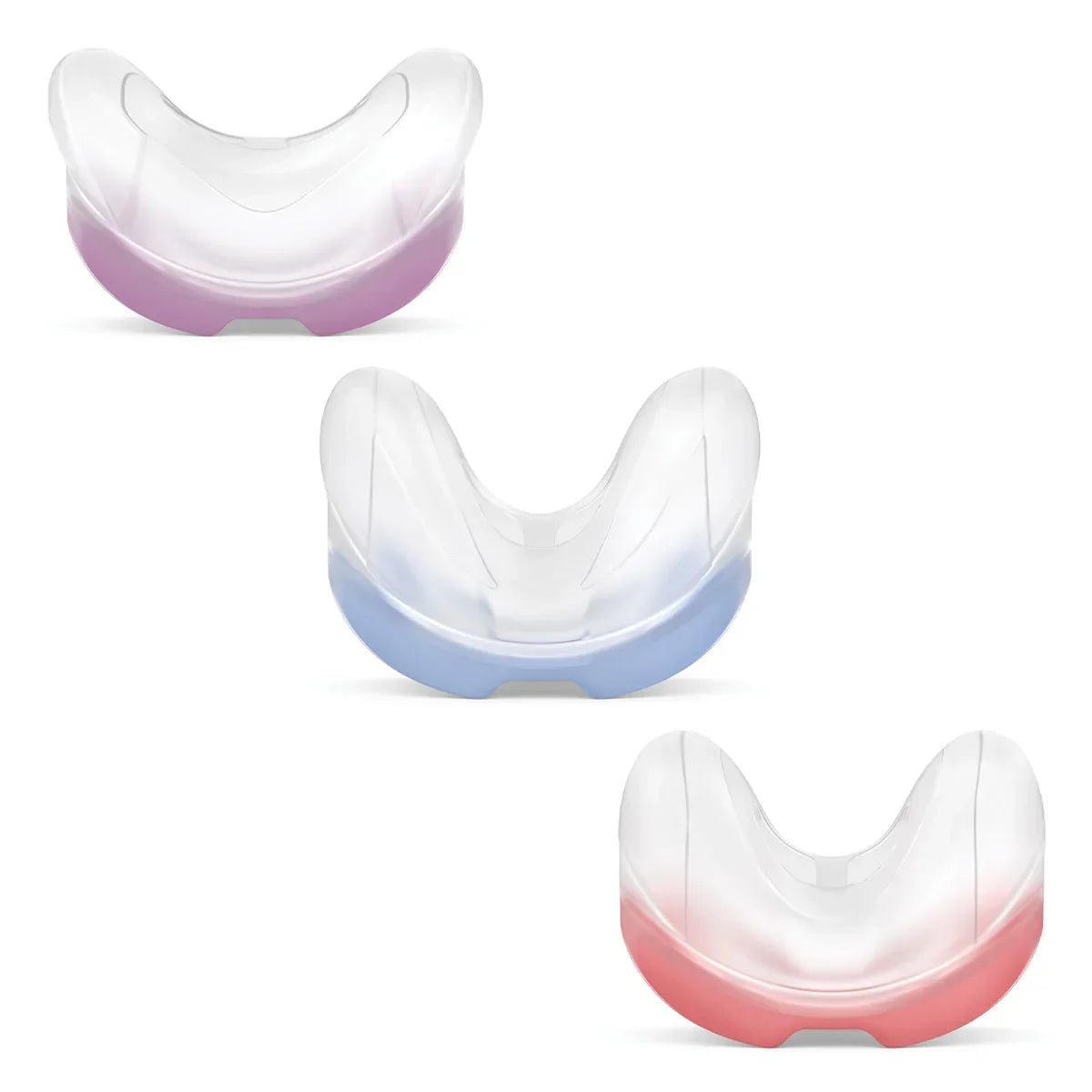 Purple, blue, and red nasal cushions for AirFit N30 CPAP mask, side by side on white background
