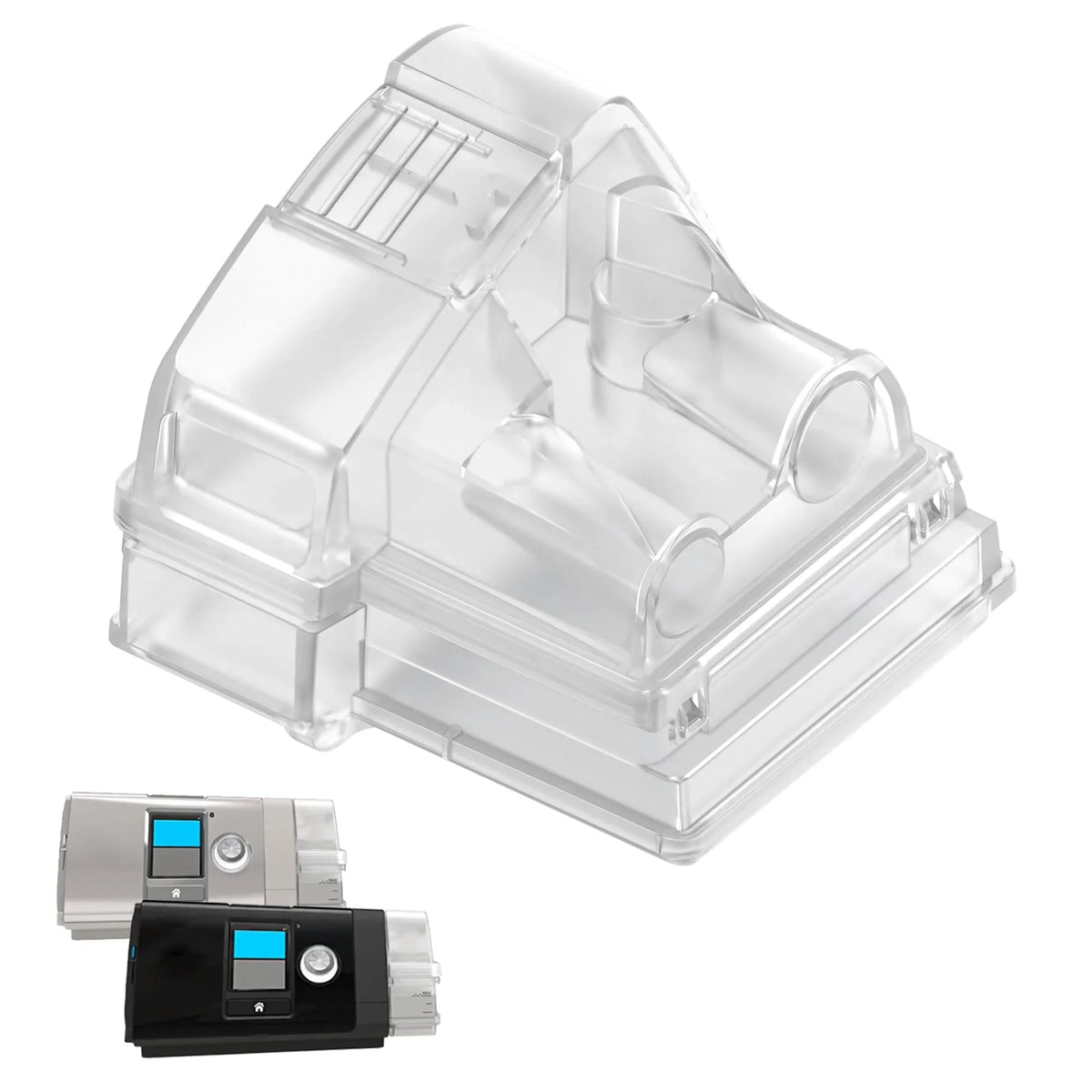 ResMed HumidAir water chamber shown with an AirSense 10 CPAP machine for heated humidification.