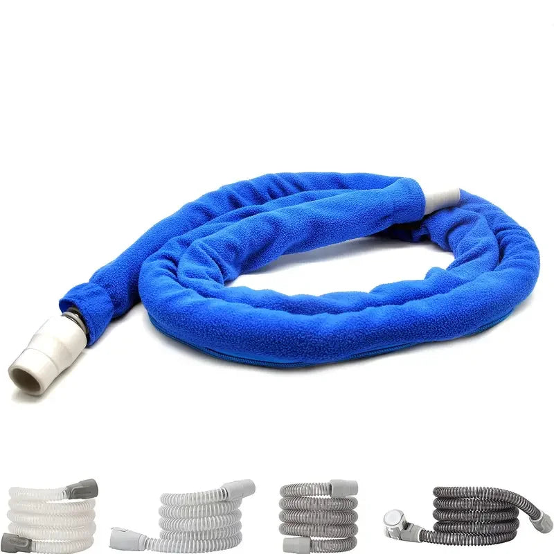 Blue CPAP hose cover for sleep apnea tubing, shown with various CPAP hoses below