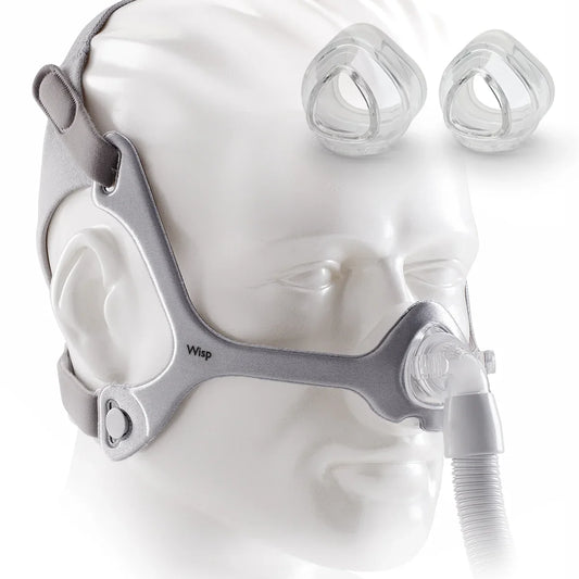 Nasal CPAP mask with headgear and replacement cushions on a mannequin for sleep apnea therapy