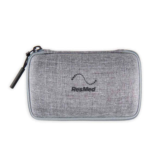 Gray zippered case with ResMed logo on a white background