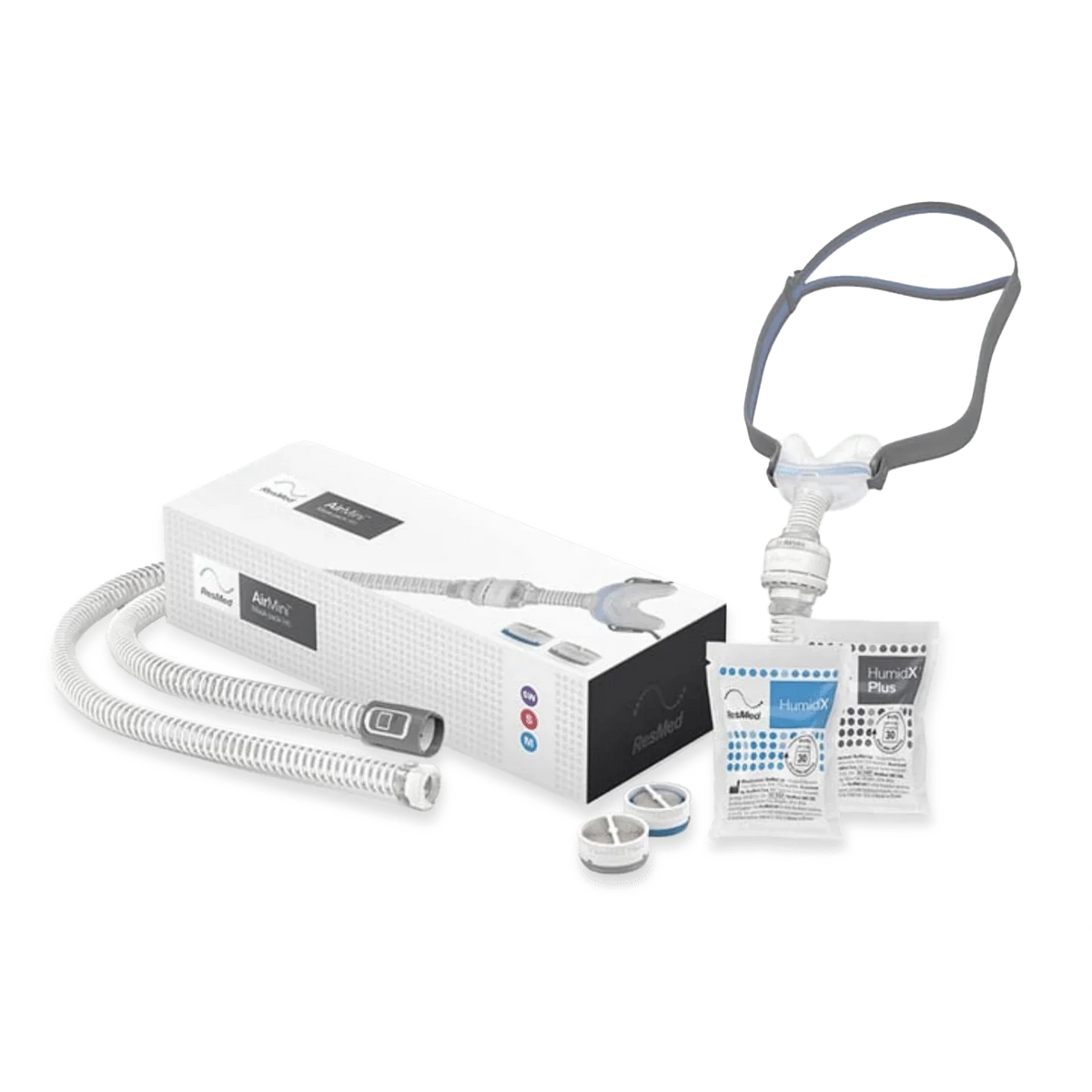 ResMed AirMini N30 mask pack with AirFit N30 nasal mask, tubing and HumidX waterless humidification accessories