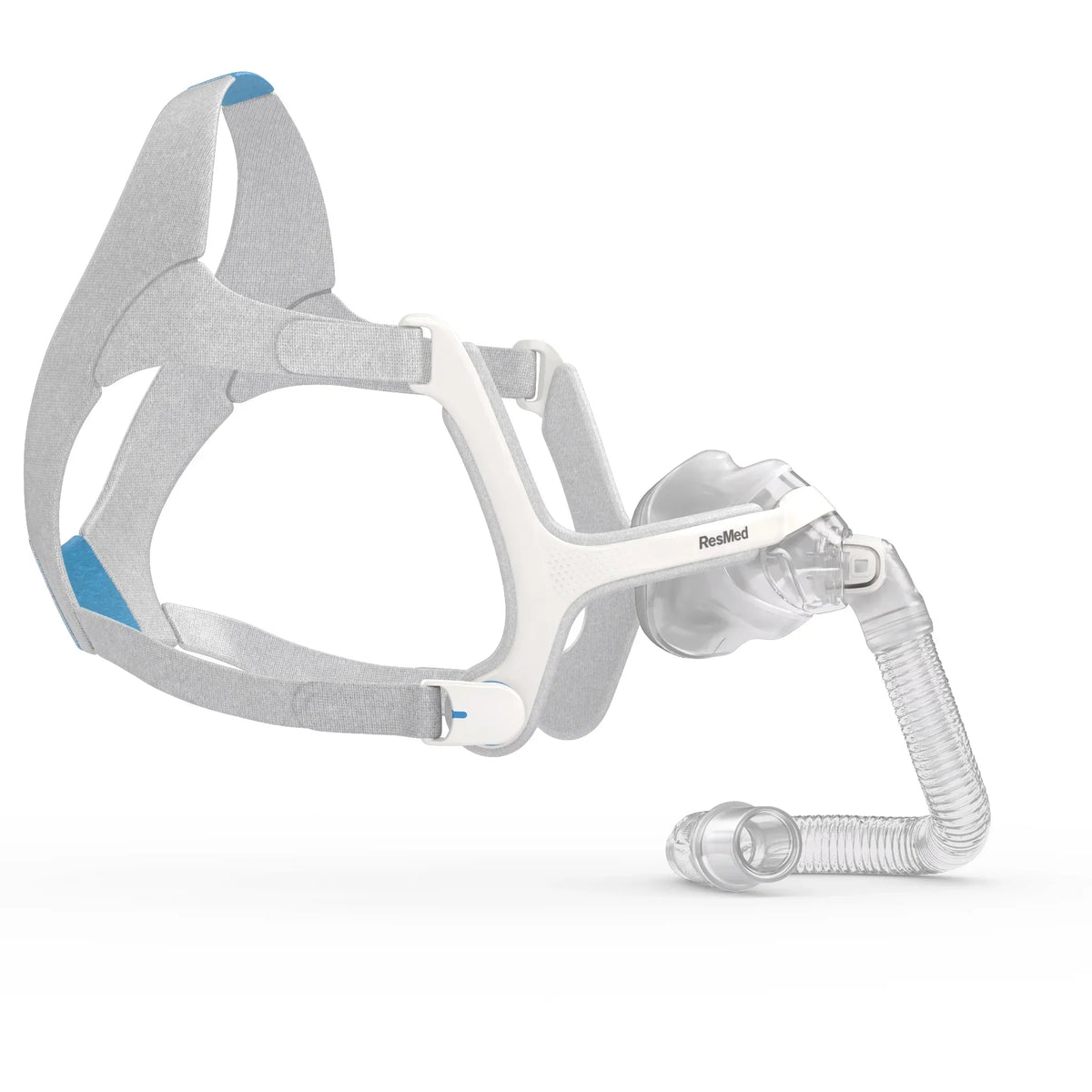 ResMed CPAP full face mask with white frame and grey headgear