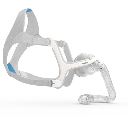 ResMed CPAP full face mask with white frame and grey headgear