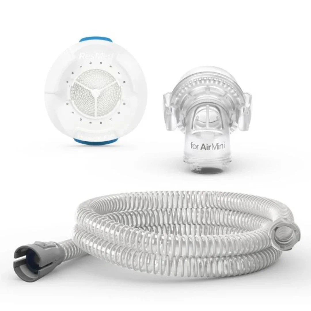 image of the Airmini F20 Tube, the connector for the mask and the humid x that would sit inside the mask
