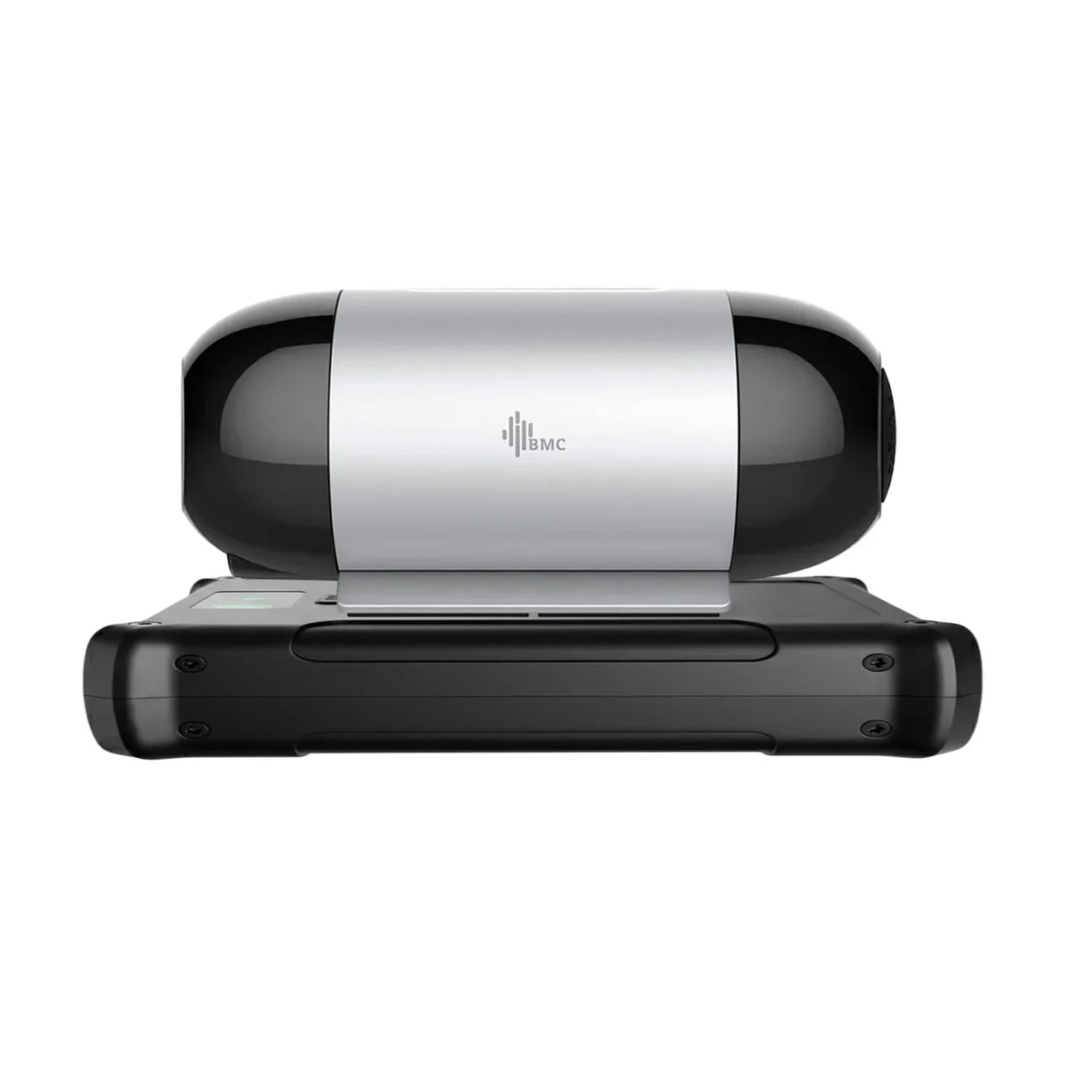 Black and silver cylindrical CPAP device with a BMC brand logo on a white background