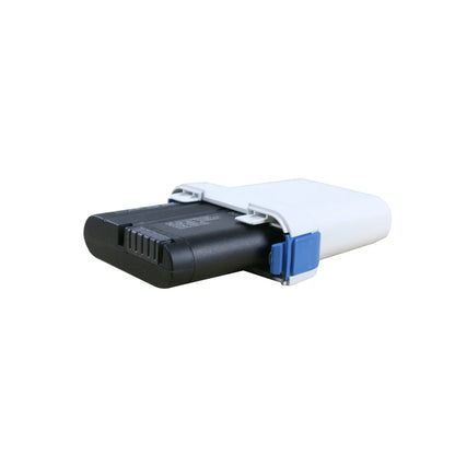 Portable CPAP battery pack with white casing and blue latch on a white background