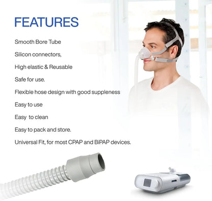A promotional product graphic for a sleep apnea mask and breathing tube set. The image features a man wearing the mask on the right, a flexible gray breathing tube at the bottom left, and the white and silver CPAP device at the bottom right, with a blue 'FEATURES' heading and a list of product attributes on the left.