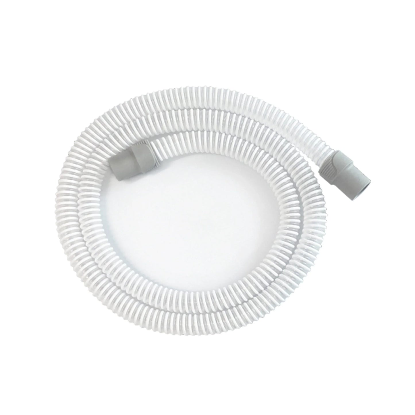 A coiled white corrugated CPAP plastic hose with gray plastic connector fittings, shown on a plain white background.