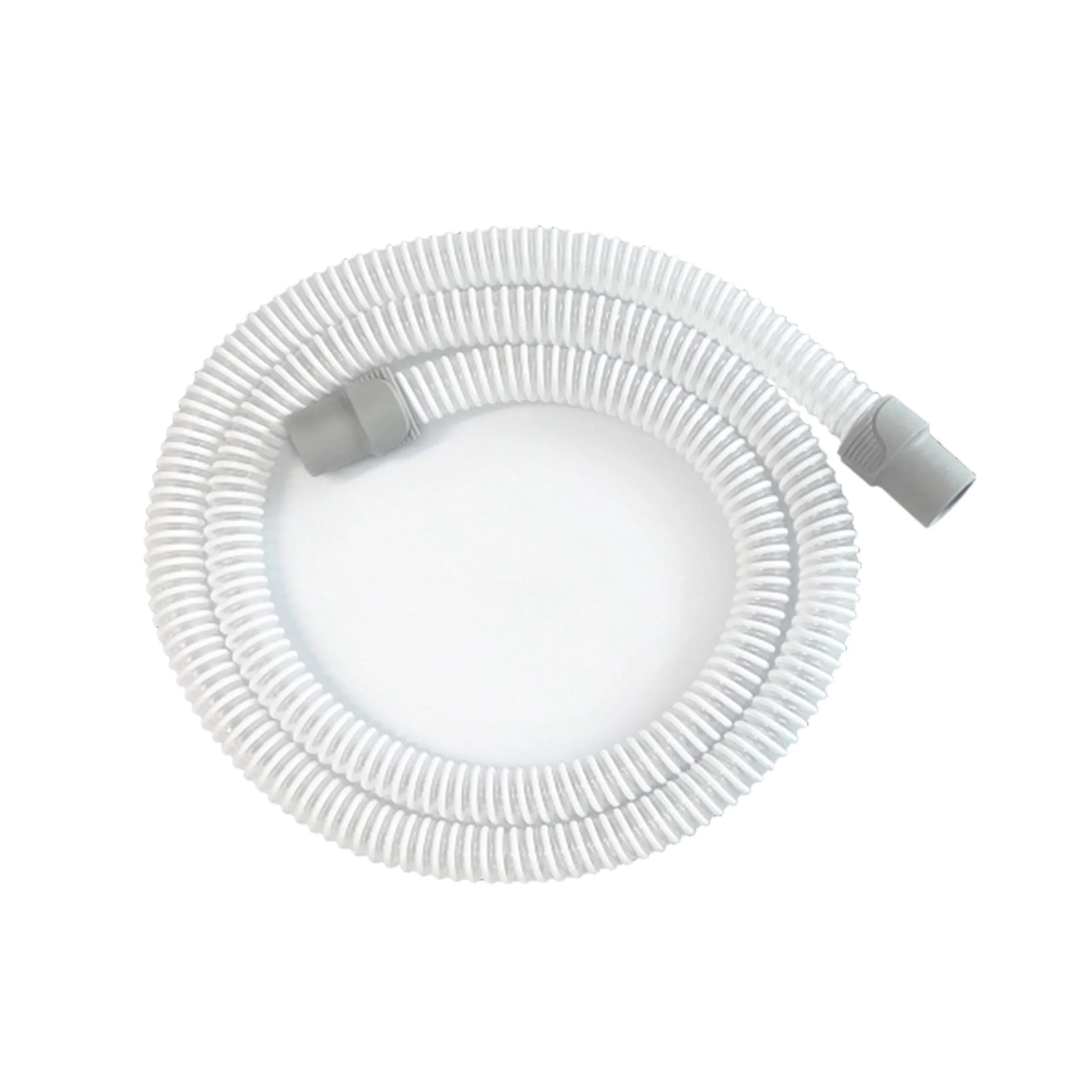 A coiled white corrugated CPAP plastic hose with gray plastic connector fittings, shown on a plain white background.