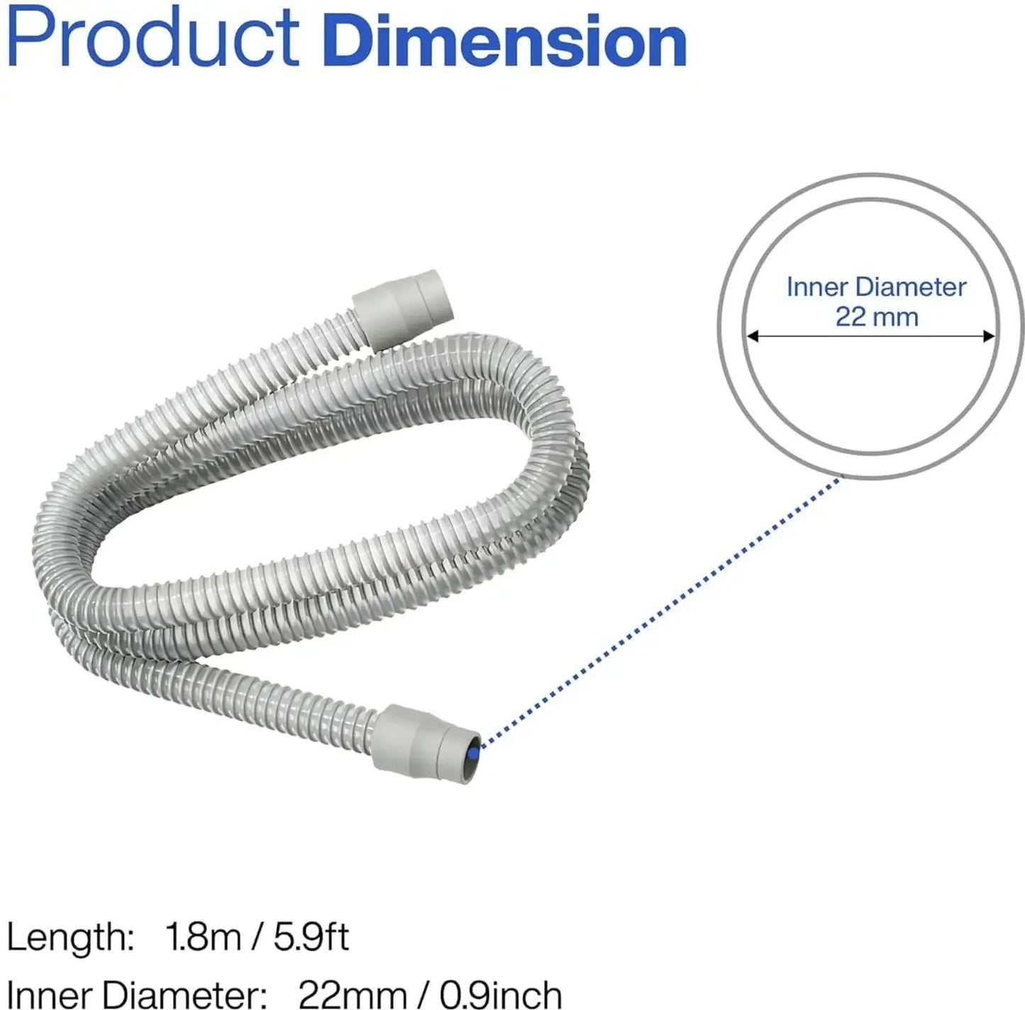 Product dimension diagram showing a flexible corrugated CPAP hose with connectors, including a callout circle labeled inner diameter 22 mm and text stating length 1.8m / 5.