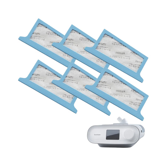 Six Philips Respironics disposable replacement filters alongside a white Philips Respironics CPAP machine