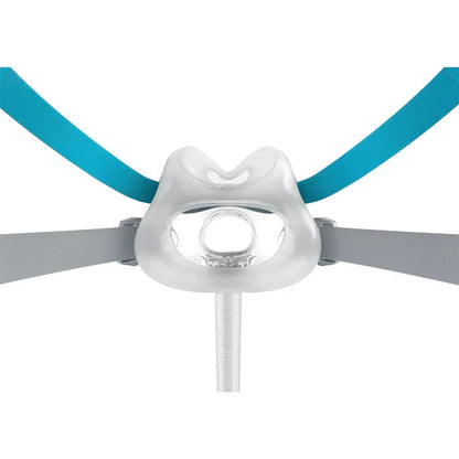 A CPAP mask with a clear faceplate, white neck collar, white tubing, gray side straps, and a bright teal headband on a white background.