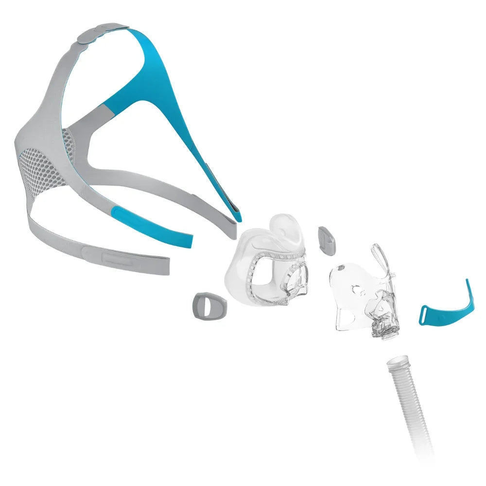 A sleep apnea or CPAP mask set shown on a plain white background, including a gray and turquoise headgear, a clear mask facepiece, a clear nasal tube, and a turquoise mouthpiece strap.
