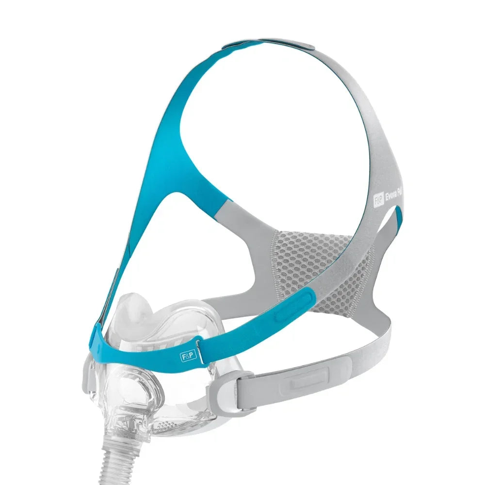 A sleep apnea mask with a clear face mask and tube, attached to a light gray and turquoise headgear headband, shown on a solid white background.