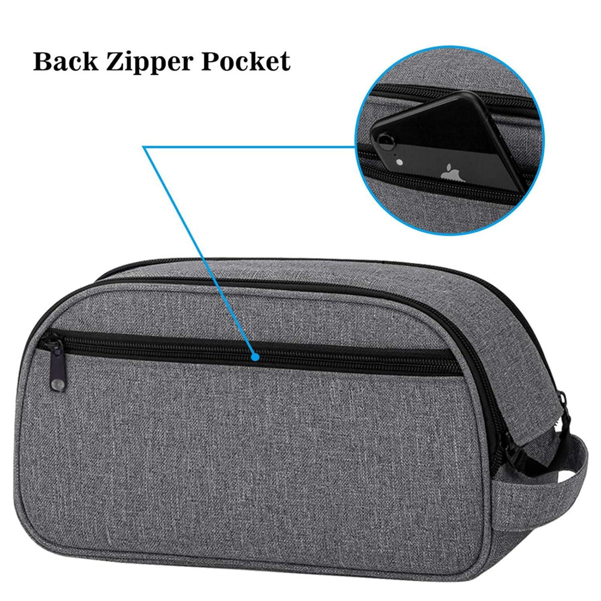 Gray CPAP bag with back zipper pocket feature highlighted on white background.