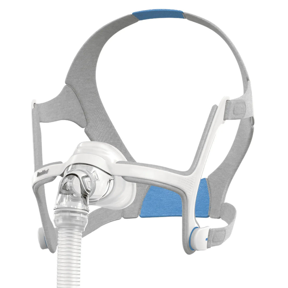 ResMed full face CPAP mask with grey and blue headgear and attached breathing tube