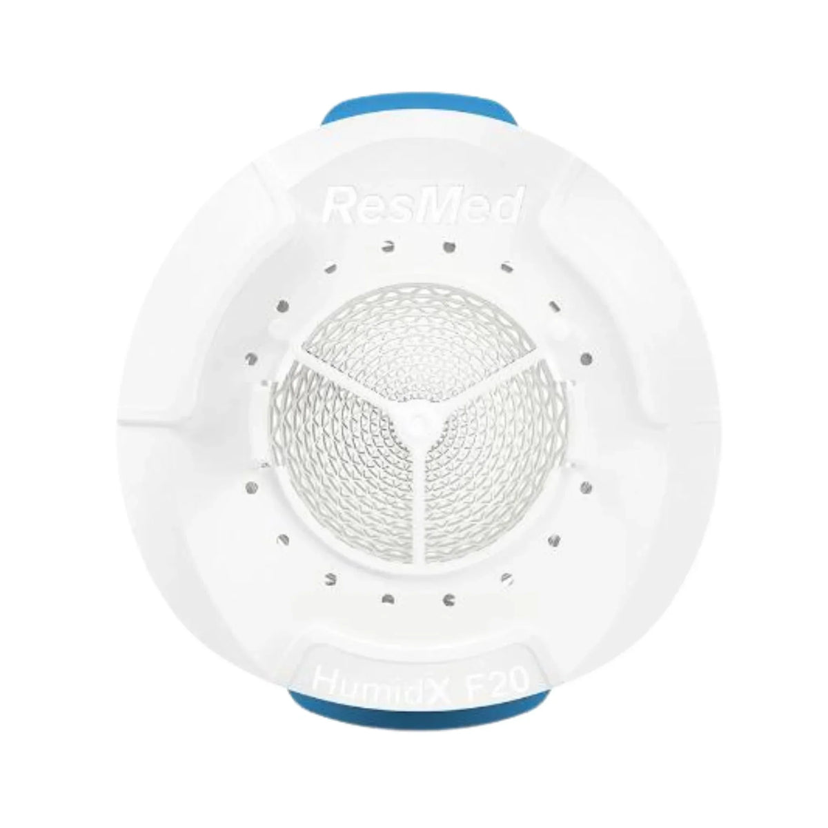 Front view of the ResMed HumidX F20 waterless humidification cartridge for AirMini CPAP therapy