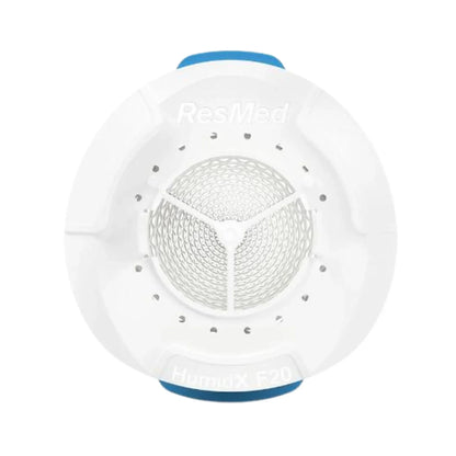 Front view of the ResMed HumidX F20 waterless humidification cartridge for AirMini CPAP therapy