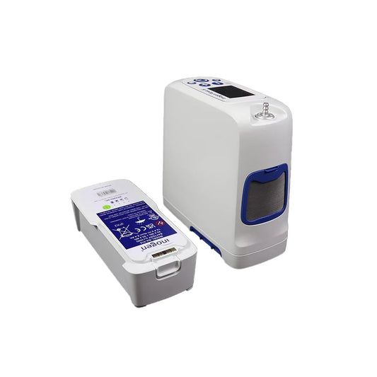 Lightweight Inogen Rove 6 oxygen concentrator with rechargeable battery and portable design