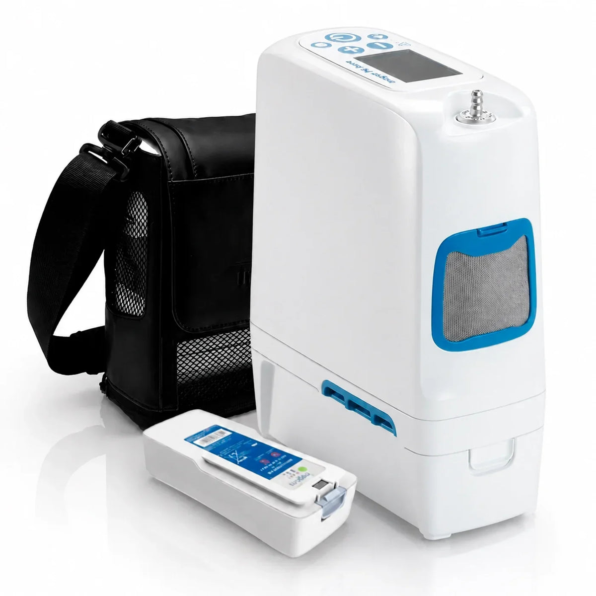A white portable oxygen concentrator with blue accents, shown with a black carrying case and a small white remote control on a clean white background.