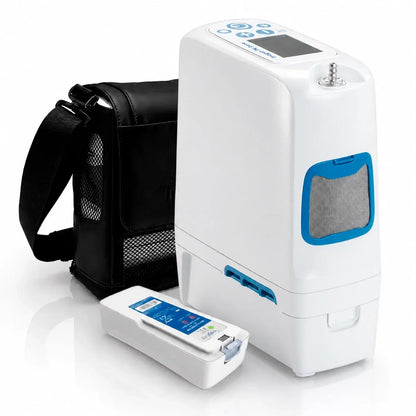 A white portable oxygen concentrator with blue accents, shown with a black carrying case and a small white remote control on a clean white background.