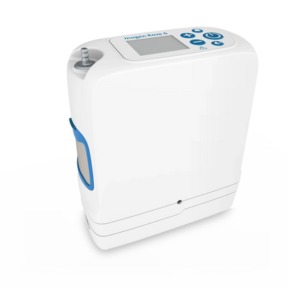 A white and blue medical oxygen concentrator, identified as the Ingen Breeze 6, shown on a white background with a gray floor reflection.