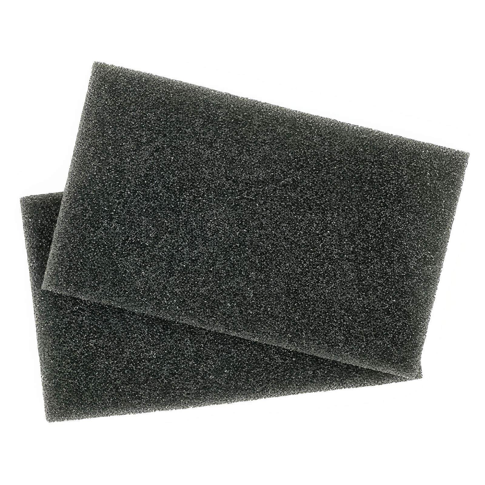 Two rectangular dark gray foam filter pads stacked slightly offset on a plain white background.