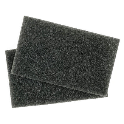 Two rectangular dark gray foam filter pads stacked slightly offset on a plain white background.