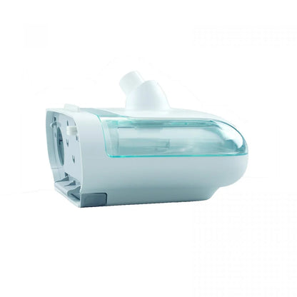 A white and light blue humidifier with a transparent water tank, shown from a three-quarters angle on a solid white background.
