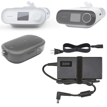 DreamStation CPAP machine in white and grey with 80W power adapter