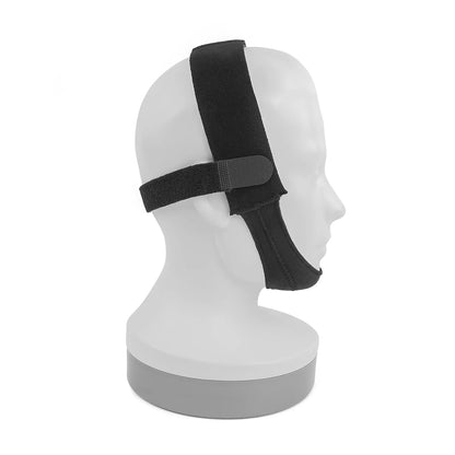 Black chin strap displayed on a white mannequin head