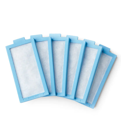 Set of six blue CPAP machine filters arranged in a fan shape on a white background