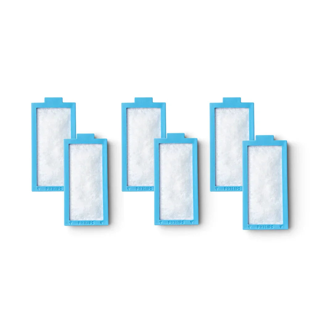 Six blue rectangular CPAP machine filters with white inner material on a white background