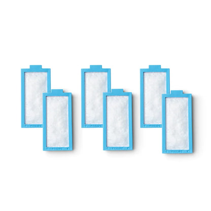 Six blue rectangular CPAP machine filters with white inner material on a white background