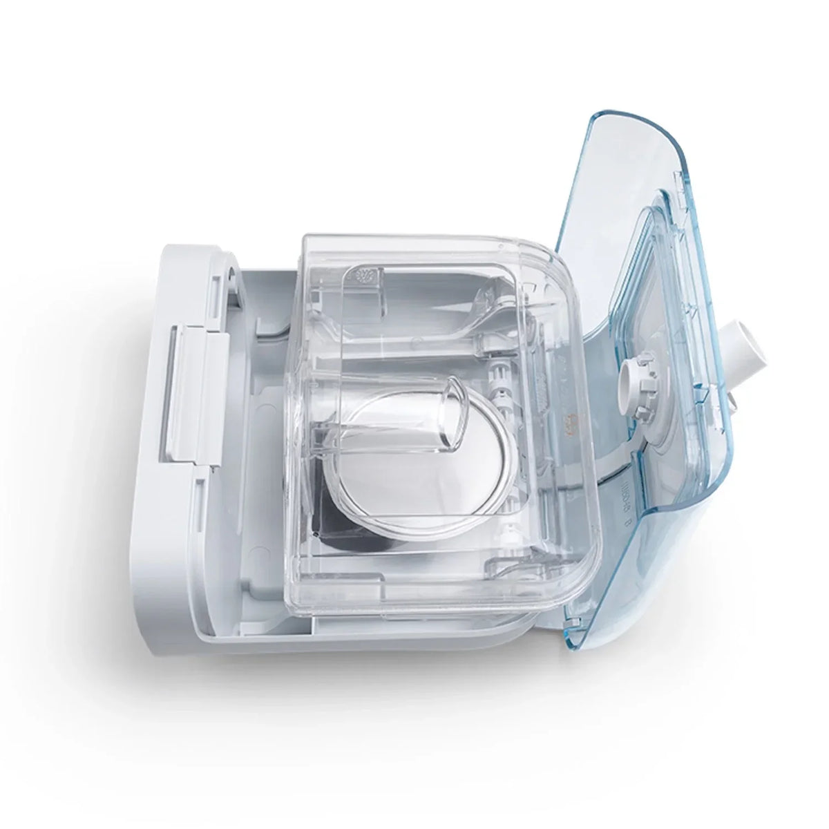 Top view of a CPAP machine water humidifier chamber with a transparent lid