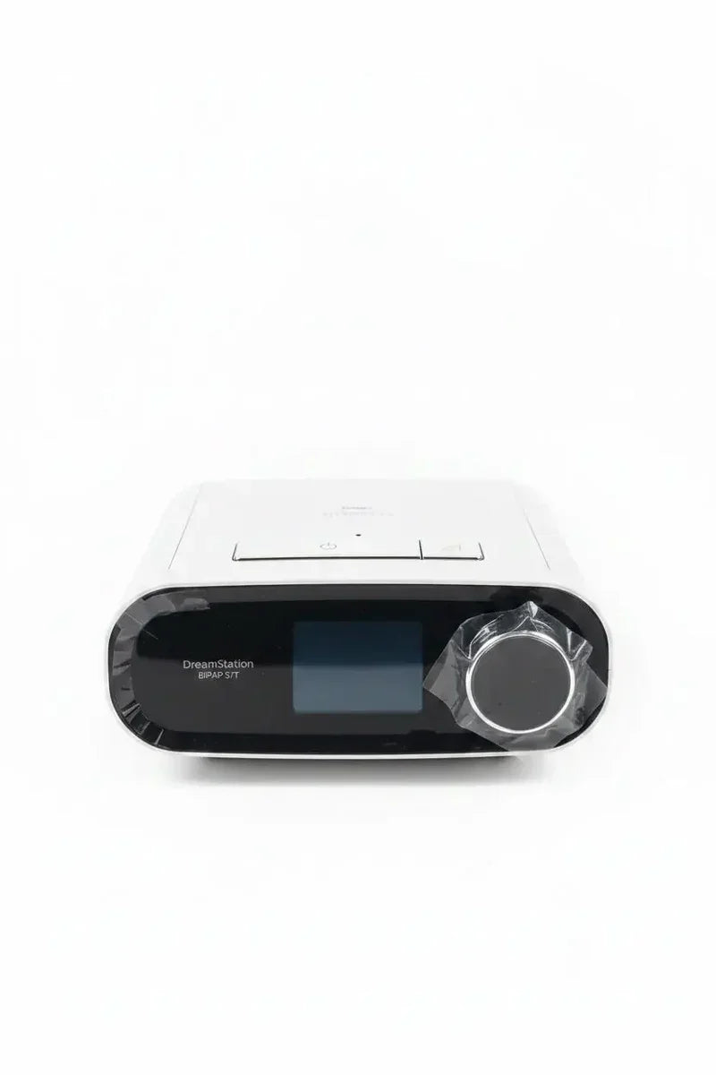Close Up view of the Philips Respironics DreamStation ST30 BiPAP device with color display and humidifier.