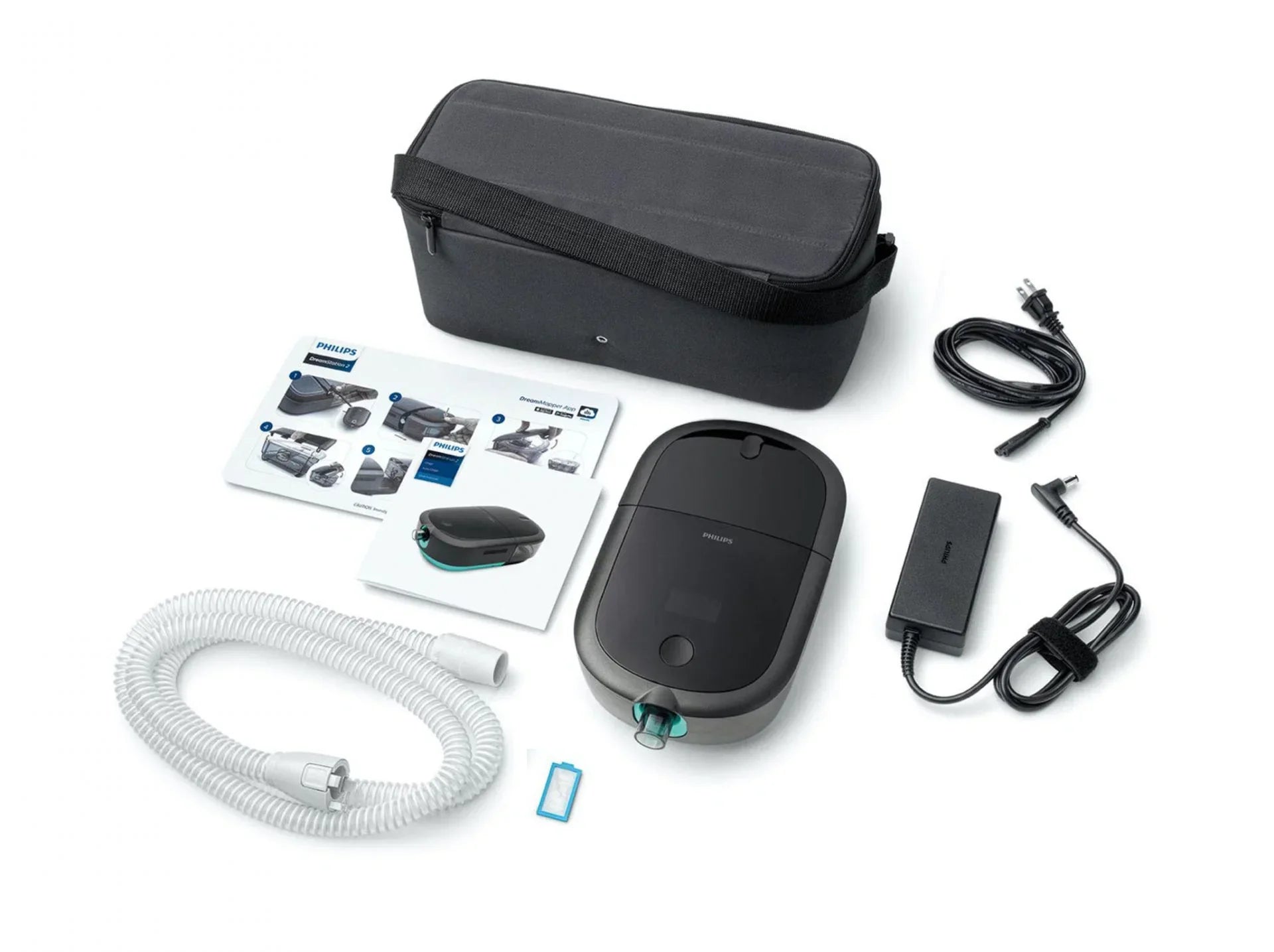 Kit view of the Philips Respironics DreamStation 2 sleep apnea machine with modern design.