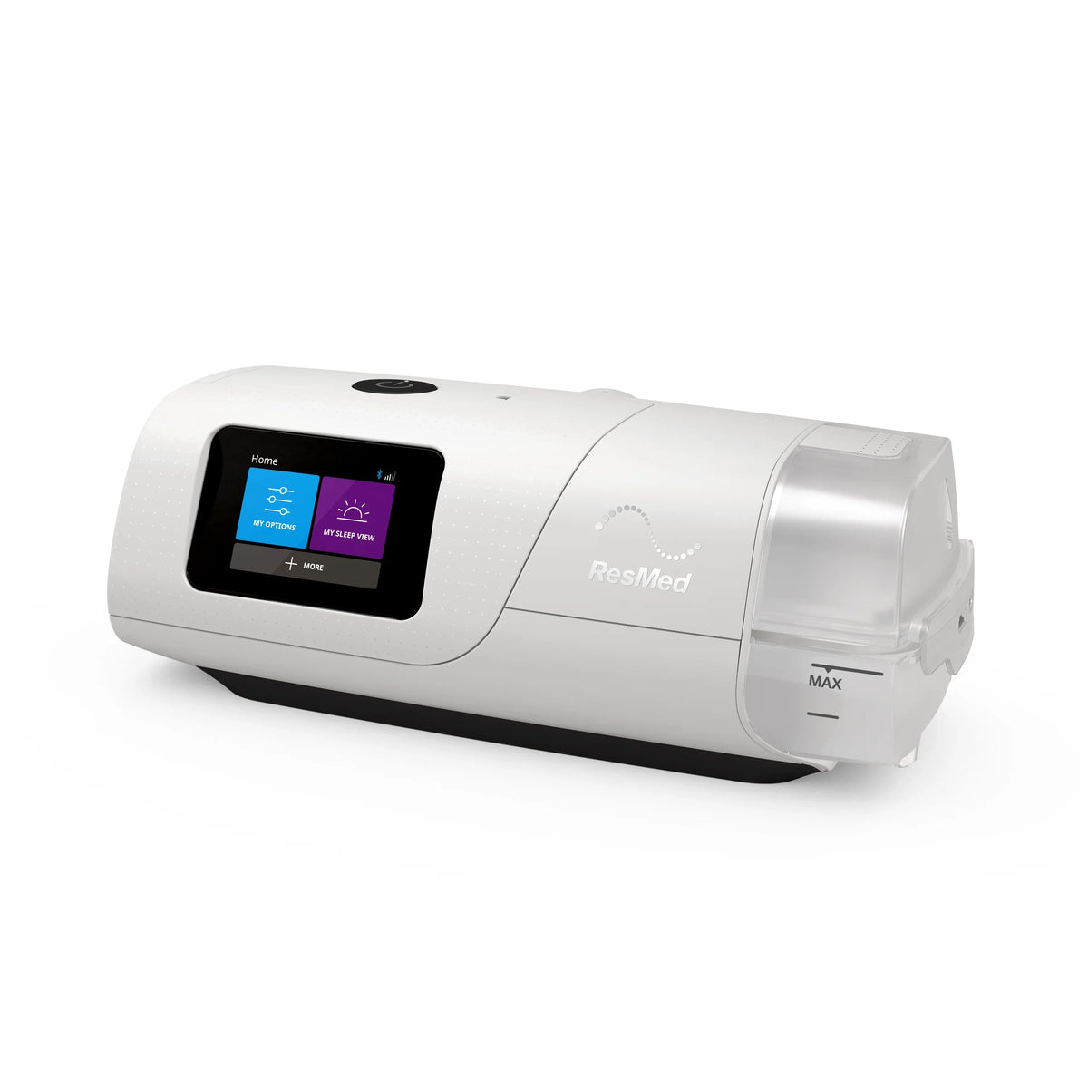 Angled view of the ResMed AirCurve 11 VAuto BiPAP machine with touchscreen display and humidifier.
