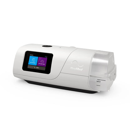 Angled view of the ResMed AirCurve 11 VAuto BiPAP machine with touchscreen display and humidifier.