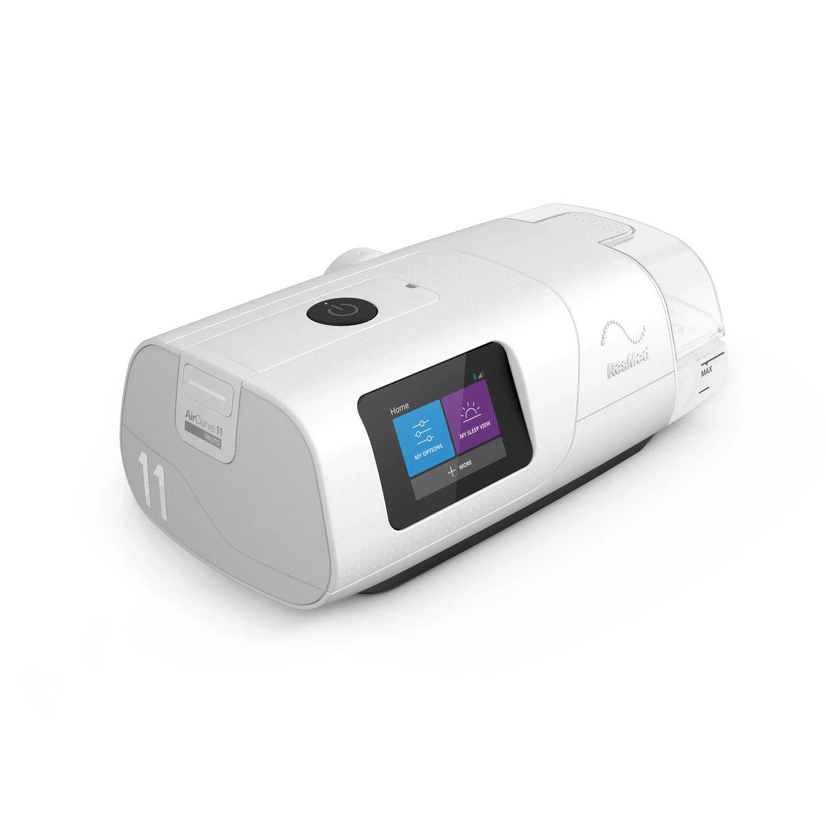 Left view of the ResMed AirCurve 11 VAuto BiPAP machine with touchscreen display and humidifier.
