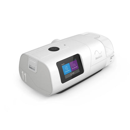 Left view of the ResMed AirCurve 11 VAuto BiPAP machine with touchscreen display and humidifier.