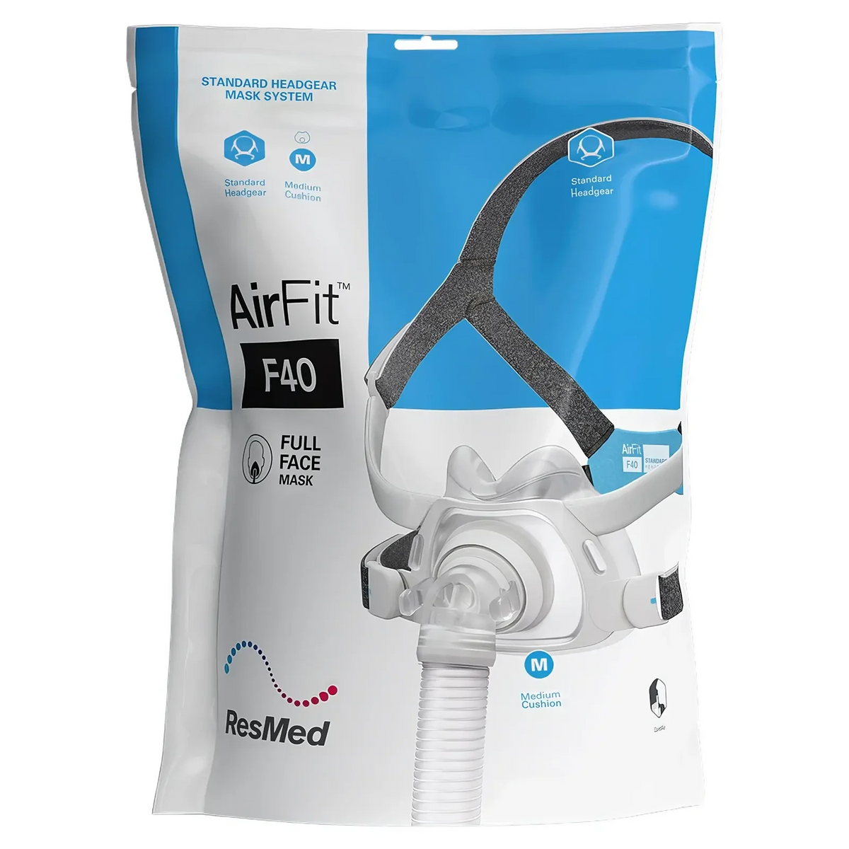 ResMed AirFit F40 Full Face Mask in a medium size, shown inside its original retail packaging. The packaging is blue and white with a clear window displaying the mask, which is white and gray with a clear face cup and a white breathing tube.