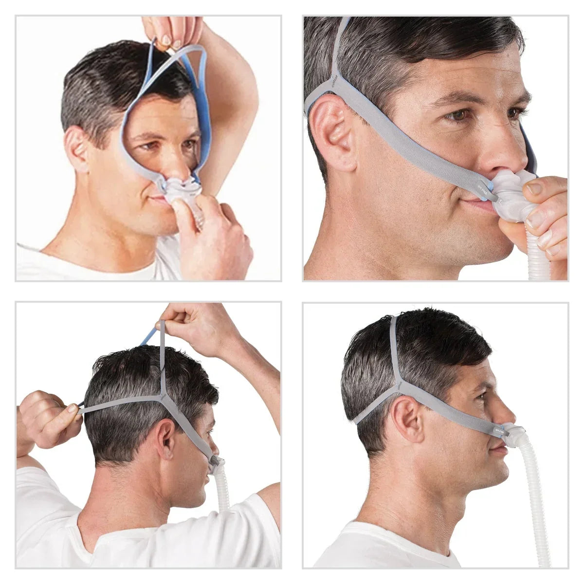 Four-panel demonstration showing a man wearing and adjusting a sleep apnea nasal mask with a head strap, including front, side, and back views on a white background.