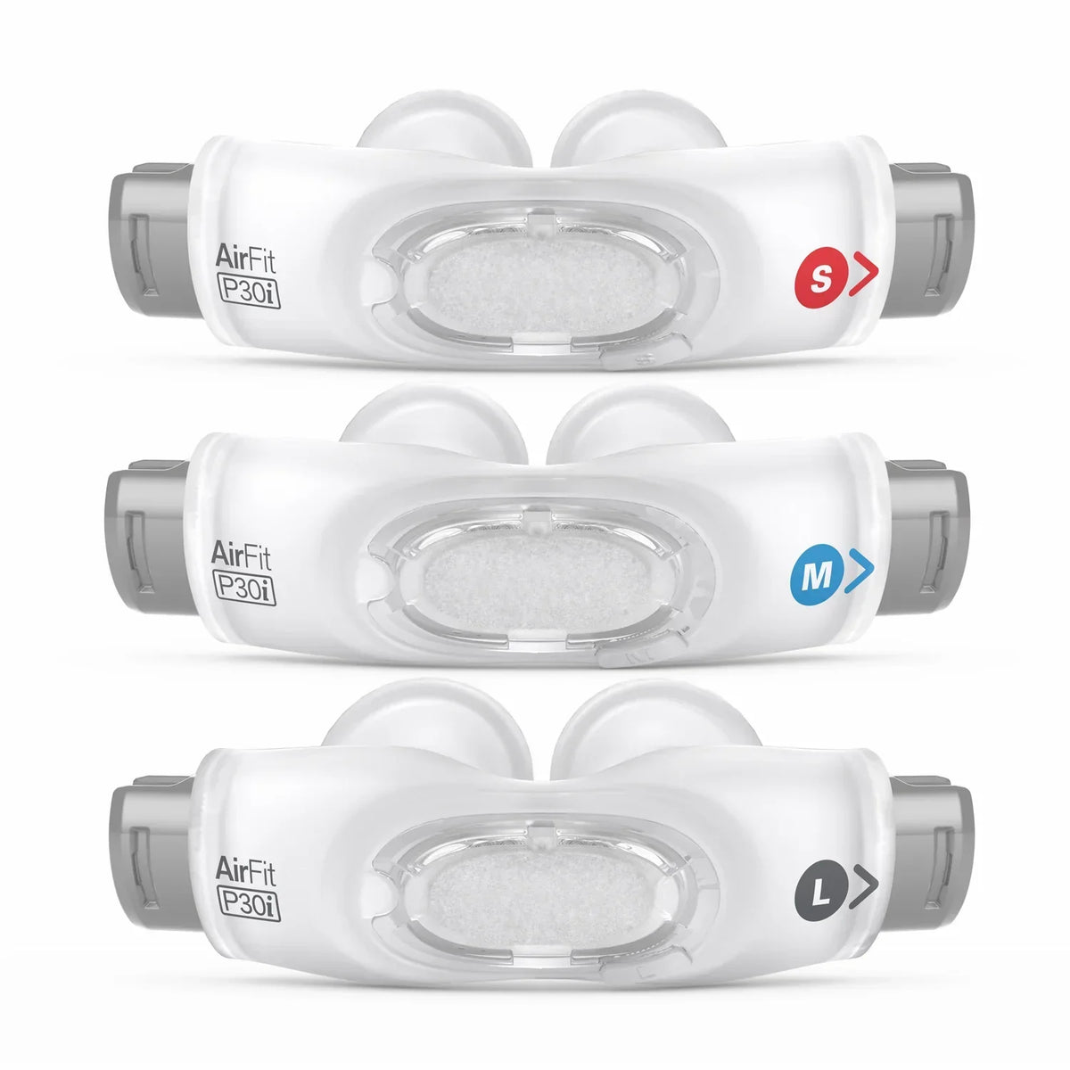 Three AirFit P30i nasal mask pillows iin white and gray, arranged vertically on a white background, labeled with size indicators S, M, and L.