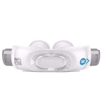 An AirFit P301 mask, size M, shown from the front on a solid white background. The mask is primarily white with gray end caps and a blue size indicator 'M'.