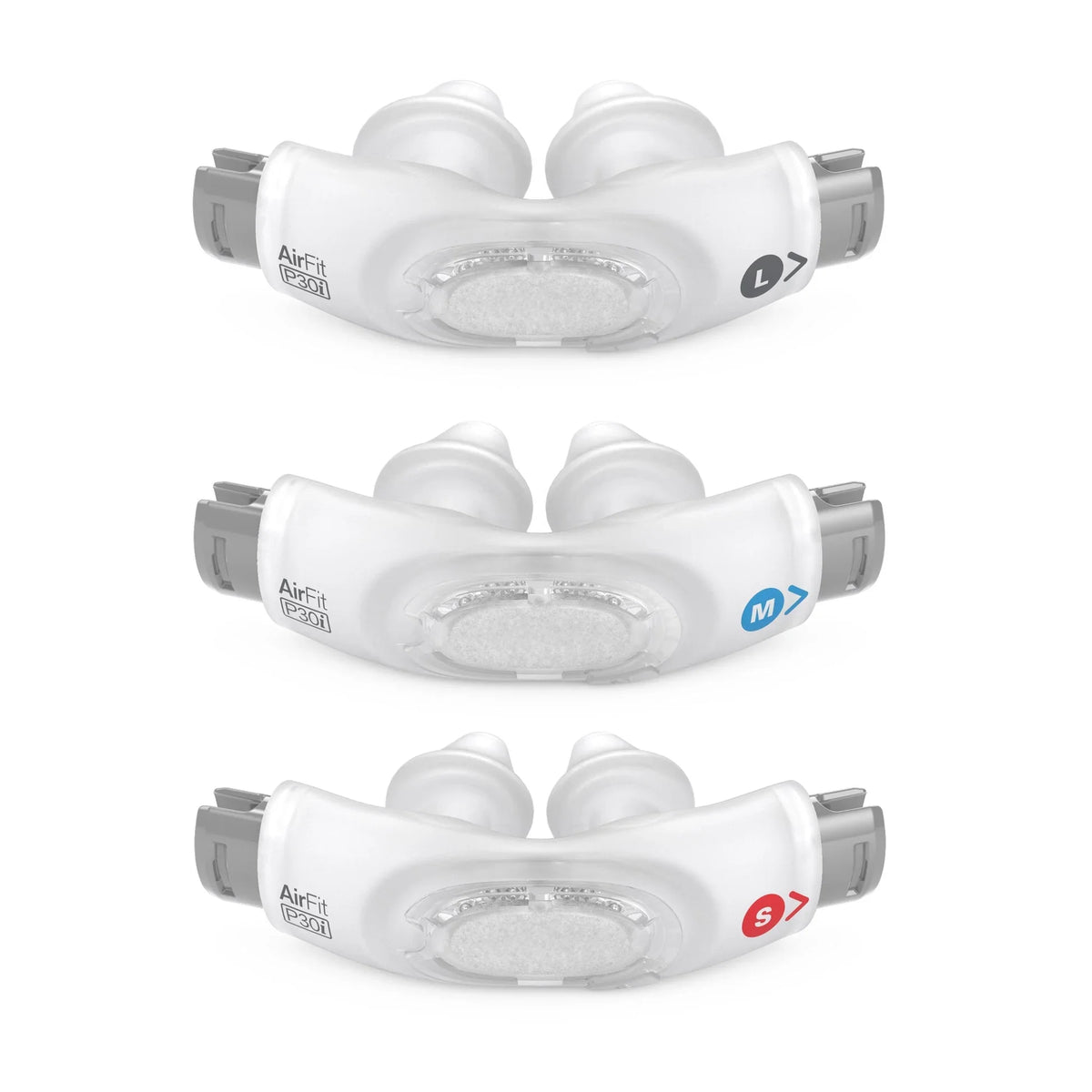 Three white AirFit CPAP mask pillows of different sizes (labeled with size icons) arranged vertically on a plain white background.